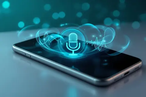 Telefon z ikoną mikrofonu i falami dźwiękowymi, symbolizujący asystenta głosowego. Bixby co to? To właśnie interfejs do komunikacji głosowej.
