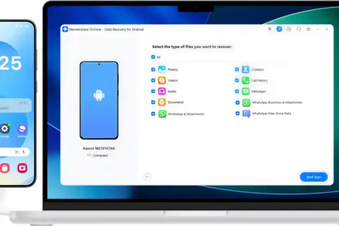 Odzyskiwanie danych Android z telefonu Xiaomi za pomocą Dr.Fone. Wybierz typy plików do odzyskania: zdjęcia, filmy, kontakty i inne.