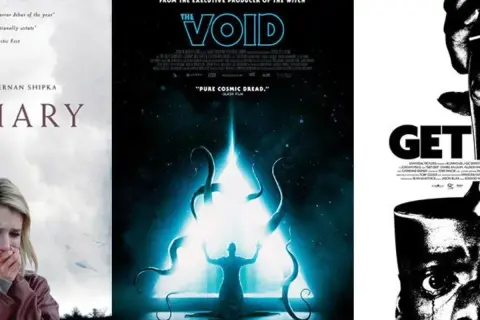 Plakaty filmowe: "The Void" z kosmicznym horrorem, "Get Out" z przerażającą twarzą i "Diary" z płaczącą dziewczyną. To idealne horrory o opetaniach.