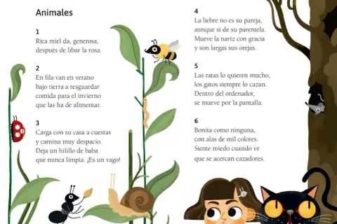 Ilustración con animales y acertijos, como una abeja, hormiga, caracol y mariquita. Ideal para 100 adivinanzas para niños.