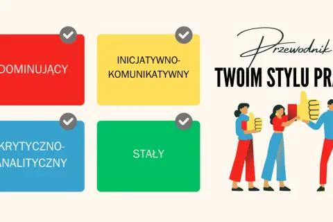 Ilustracja z czterema kolorowymi polami opisującymi cechy osobowości i ludźmi z kciukami w górę.