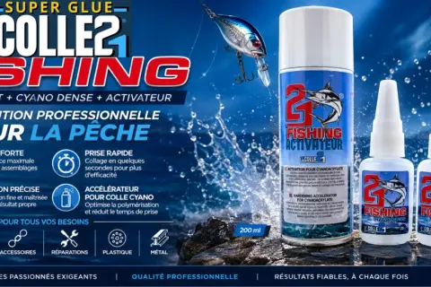 Super colle cyanoacrylate pour la pêche : fixation rapide et durable. Idéal pour montages, leurres et réparations.