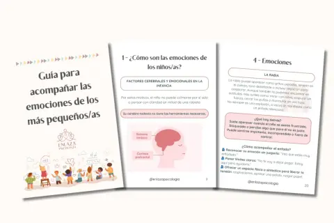 Guía para acompañar las emociones de los más pequeños/as. Ilustración de niños y cerebro, con consejos sobre gestión emocional infantil.