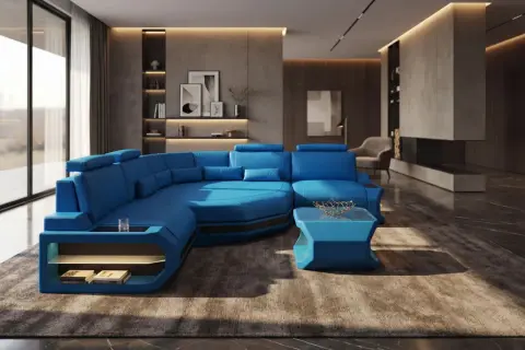Ein luxuriöses Wohnzimmer mit einer auffälligen, blauen **conversation pit**-Sitzgruppe, die zum Entspannen einlädt.