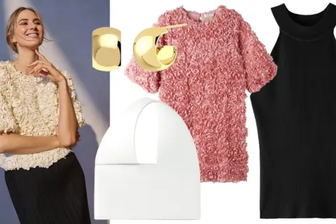 En modell visar en krämvit topp med blomdetaljer. Bredvid syns en rosa blommig topp, en vit handväska, guldsmycken och en svart ribbad topp, som en silver tshirt.