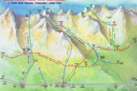 Mapa turystyczna ukazująca najpiękniejsze szlaki w Tatrach Słowackich, z zaznaczonymi dolinami Wielicką, Staroleśną i Zimnej Wody.
