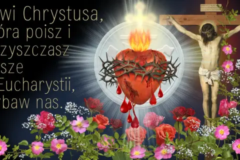 Serce Jezusa, z którego płynie krew, symbolizuje zanurzenie we krwi Chrystusa, oczyszczające dusze w Eucharystii.