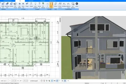 Grundriss und 3D-Ansicht eines Hauses. Die detaillierten Pläne zeigen Maße und Räume, während die 3D-Ansicht einen Einblick in die Innenarchitektur gibt. So kann man sich vorstellen, wie lange dauert ein hausbau.