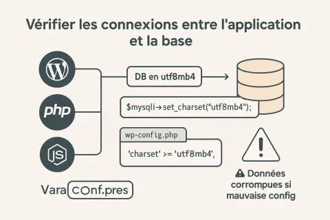Diagramme montrant comment vérifier la connexion DB en utf8mb4 avec PHP. Il illustre l'utilisation de `$mysqli->set_charset("utf8mb4")` et la configuration dans `wp-config.php`.