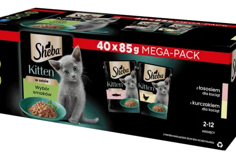 Opakowanie karmy Sheba Kitten z kotkiem, które sugeruje, czy sheba to dobra karma dla małych kotów. Zawiera wybór smaków z łososiem i kurczakiem.