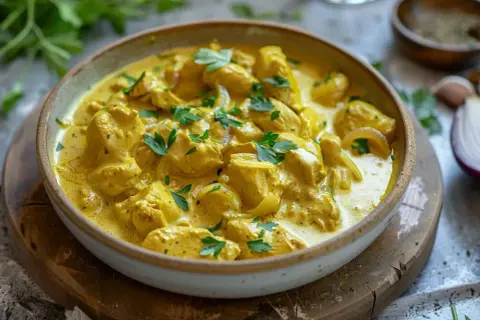 En krämig kyckling curry med bitar av kyckling, lök och persilja. Serveras i en skål på ett träfat.