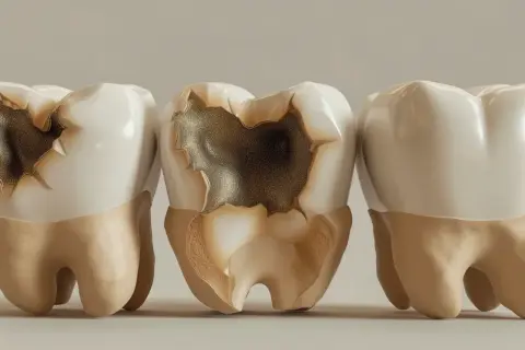 Tre denti, due con carie evidenti e uno sano. È importante curare la carie per preservare la salute orale.