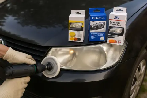 Kits de rénovation phare sur un capot de voiture. Une main gantée utilise une perceuse avec un tampon de polissage pour restaurer un phare jauni.