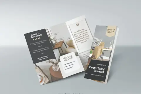 A tri-fold brochure for Haven & Home, showcasing furniture and customer testimonials. It highlights "Curated Living. Delivered." and offers a 15% discount.