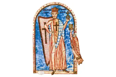 Ilustracja przedstawia cesarza Fryderyka I Barbarossę w koronie, trzymającego berło i księgę. Obok niego stoi postać z księgą.