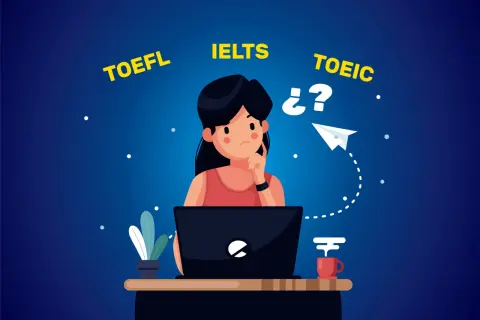 Chica pensativa frente a su laptop, dudando entre TOEFL, IELTS y el **toeic examen**.