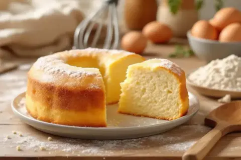 Un délicieux gâteau sans lait, saupoudré de sucre glace, avec une part coupée. Des œufs et de la farine sont visibles en arrière-plan.