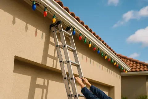 Une échelle est appuyée contre un mur beige, des mains s'agrippent aux barreaux. Des guirlandes lumineuses colorées ornent la gouttière, prêtes pour la fête. Une photo règle pour l'installation.