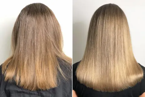 Vorher/Nachher-Vergleich: Ein **haarschnitt lange haare glatt** mit seidigem Glanz und perfekter Form.
