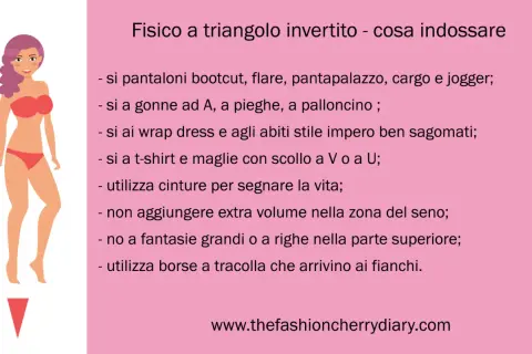 Consigli di stile per un fisico a triangolo invertito: pantaloni flare, gonne ad A, cinture per segnare la vita. Evita volumi sul seno.