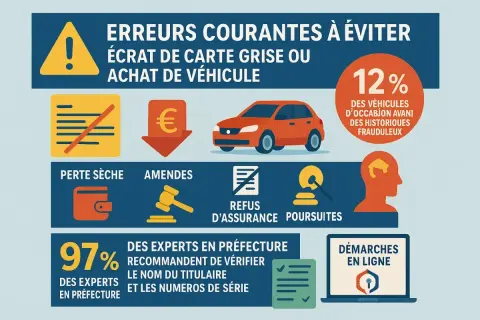 Erreurs courantes à éviter lors de l'achat d'un véhicule : vérifiez la carte grise, les numéros de série et le nom du titulaire pour éviter amendes et poursuites.