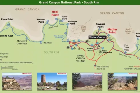 Karte des Grand Canyon South Rim mit Aussichtspunkten wie Mather Point, Hopi Point & Hermits Rest. Hier finden Sie Grand Canyon Tipps für Ihre Reise.