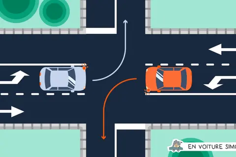 Un carrefour à l'indonésienne avec deux voitures, une bleue et une orange, naviguant dans des directions opposées.