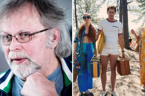 Porträtt av Marijke Demuynck bredvid en scen med tre personer i retrokläder.