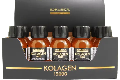 Zestaw sześciu buteleczek z płynnym hydrolizowanym kolagenem 15000 mg. Opakowanie z logo Eldex-Medical Beauty.