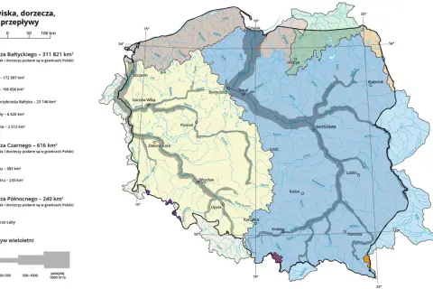 Mapa pokazuje zlewiska Morza Bałtyckiego, Czarnego i Północnego. Wiele rzek wpada do Bałtyku, w tym Wisła i Odra.