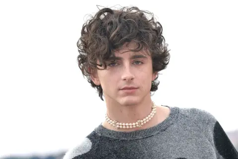 Timothée Chalamet, avec sa coupe bouclée iconique, porte un collier de perles et un pull gris.