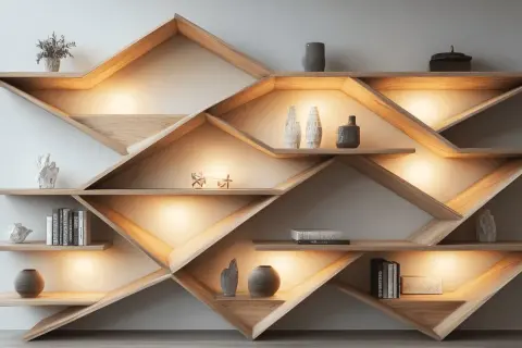 A modern, geometric wooden bookshelf with integrated lighting, showcasing decorative items. This design offers inspiration for how to build wall shelves with a unique, artistic flair.
