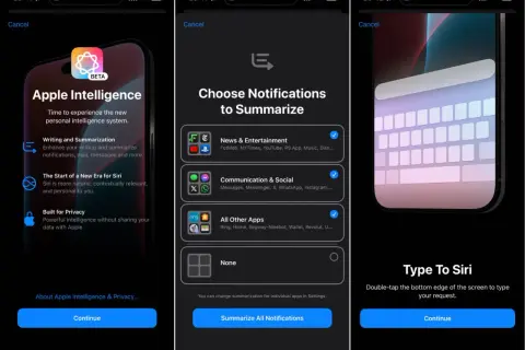 Écrans de configuration d'Apple Intelligence : présentation, choix de résumé des notifications et saisie pour Siri.
