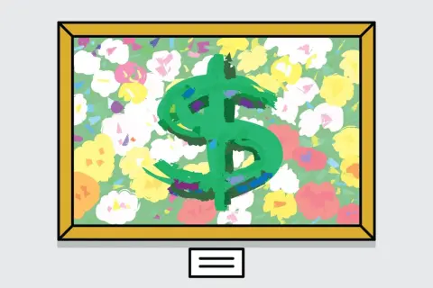 A painting of a green dollar sign on a floral background, framed in gold. This artwork reflects current art market trends, where symbols of wealth are often juxtaposed with nature.