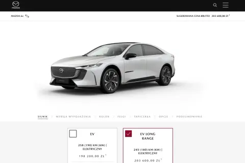 Nowa Mazda 6e w wersji EV Long Range, elektryczna, z mocą 245 KM, cena 203 600 zł.