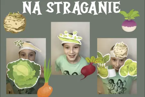 Dzieci w strojach warzywnych, jak na straganie, z kartami pracy.
