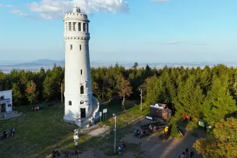 Wieża widokowa na szczycie gór Sowich, otoczona lasem, zaprasza turystów do podziwiania panoramy.