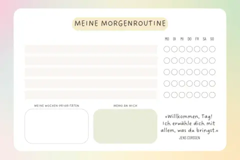 Planer für die morgendliche Routine mit Platz für tägliche Aufgaben, Wochenprioritäten und einem inspirierenden Zitat.