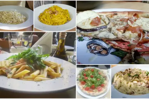 Przegląd dań z trattoria toscana menu: spaghetti, penne w sosie serowym, pizza z bakłażanem, penne z rukolą, pizza z rukolą i pomidorkami, tagliatelle.