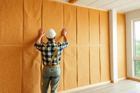 Pose d'une isolation mur intérieur en liège. Avis : ce matériau est idéal pour une bonne acoustique.