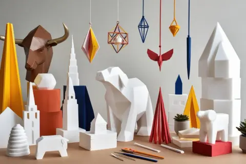 Idée déco avec du polystyrène : sculptures géométriques d'animaux, de bâtiments et de formes abstraites, créant un univers ludique et moderne.