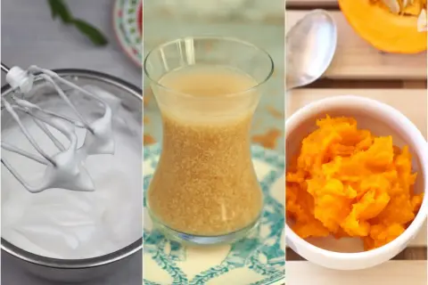 Trzy zdjęcia: ubita śmietana, napój w szklance, puree z dyni.
