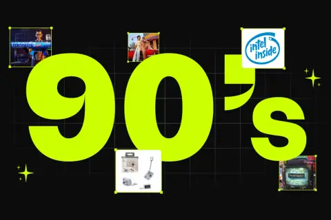 A vibrant 90s design featuring the number "90's" in neon green. Small images of a Mentos ad, a couple by a car, an Intel Inside logo, a digital camera, and a Neutrogena ad evoke the era.