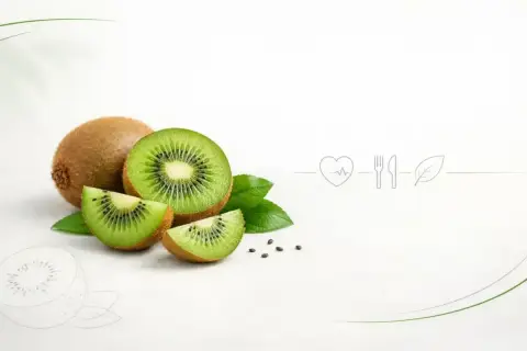 Całe i pokrojone kiwi z liśćmi, symbolizujące, czy kiwi jest zdrowe. Obok ikony serca, sztućców i liścia.
