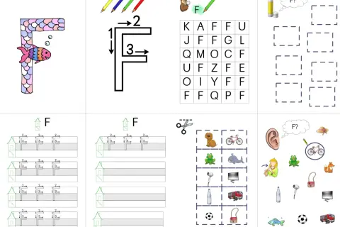 Arbeitsblatt für den **Buchstabe F Grundschule**: bunter Fisch am großen F, Schreibübung, Buchstabensalat, Bilderrätsel.