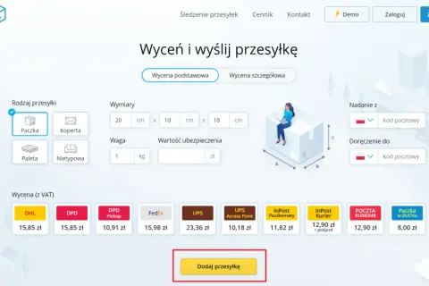 Formularz do wyceny i wysyłki paczki do Czech. Wybierz rodzaj przesyłki, podaj wymiary i wagę, a następnie wybierz przewoźnika.