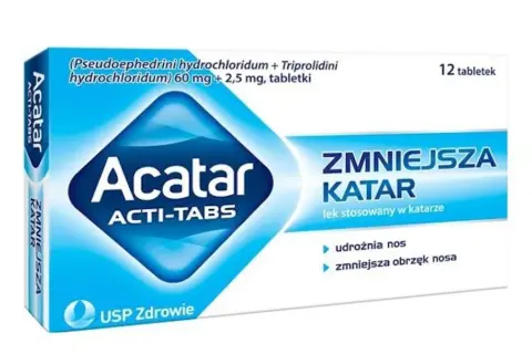 Opakowanie leku Acatar ACTI-TABS, który zmniejsza katar. To antagonista objawów przeziębienia, przywracający komfort oddychania.