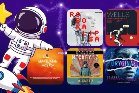 Astronautka na rakiecie i okładki książek science fiction, w tym "Marsjanin" i "Robokap". To świetny przykład, co to jest replika - książki inspirowane podobnymi motywami.