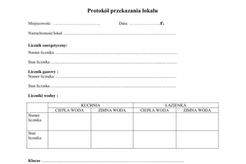 Protokół zdawczo odbiorczy lokalu zawiera pola na dane nieruchomości, liczniki (energetyczny, gazowy, wodne w kuchni i łazience) oraz klucze.