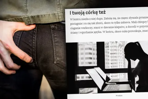 Dłoń na jeansach, tekst o prowokacji i #metoo. To obraz, który porusza temat molestowania.